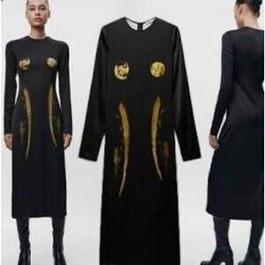 Zara Black and Gold Satin Effect Silhouette Print Midi / Maxi Dress Size XS